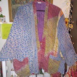 Kantha Kimono Blue Red Gold Cotton 1X & Under 2 Pockets Boho Hippy New  KM1.